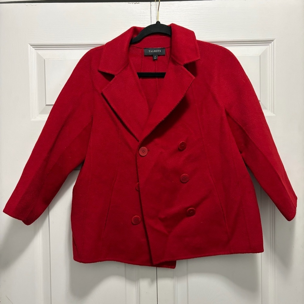 Talbots Vibrant Red Wool blend Cropped Peacoat Notched Lapel 6
